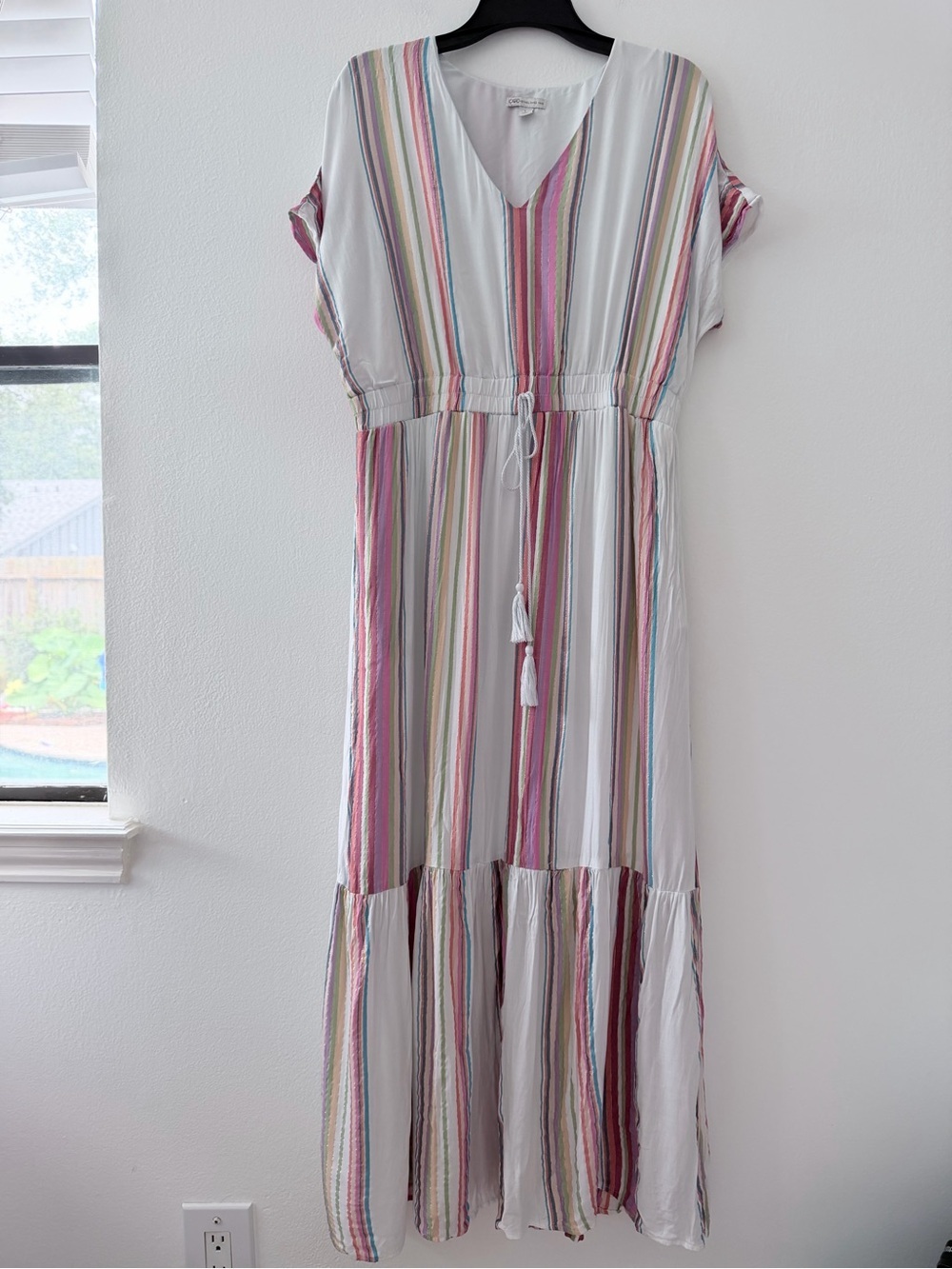 Cato Womens Large Striped Maxi Dress Tassel Tie Waist Boho Multicolor Summer